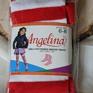 NIB Angelina Girl's Red White Stripe Winter Tights Size 6-8 (Bundle)